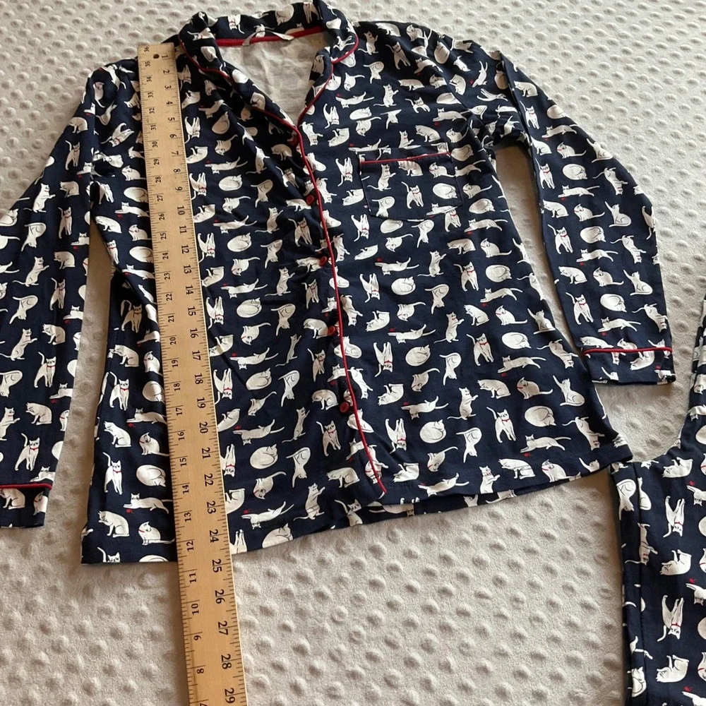 Woman's Pajama Set Women‎ Size 10 Navy Blue Cat Print 100% Cotton Long Sleeve